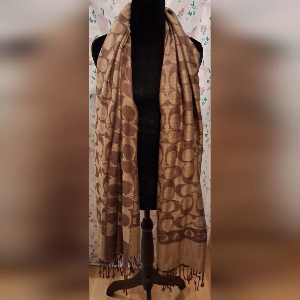EUC Vintage Y2K Coach Brown & Tan Signature Reversible Merino Wool Scarf Wrap